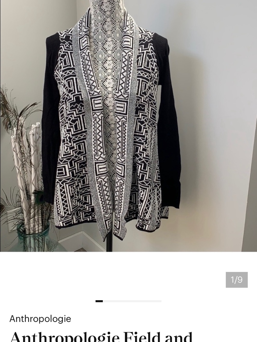 Anthropologie Black and White Geometric Open-Front Cardigan